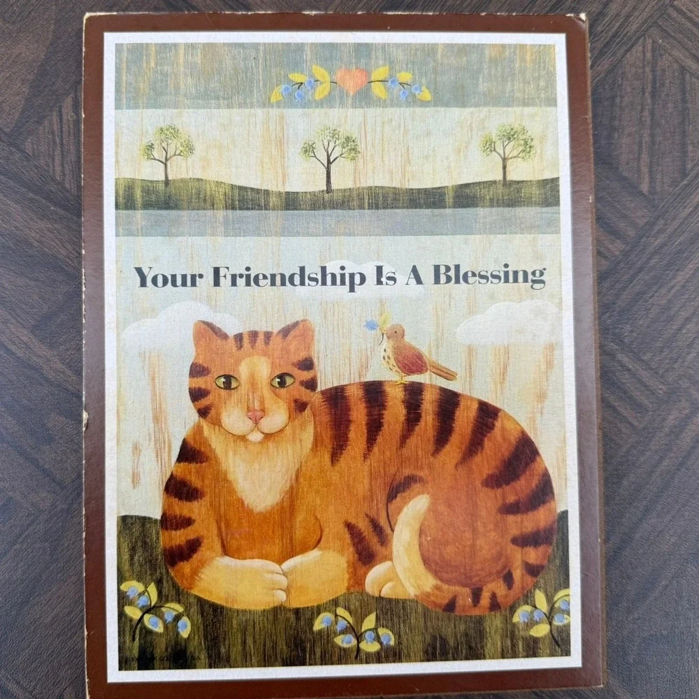 Vintage Cat Folk Art Plaque Your Friendship Is A Blessing Wood Sign Decor Deco